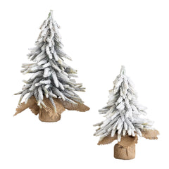 10" and 13” Artificial Mini Flocked Christmas Tree with Burlap Base - Set of 2