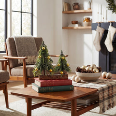 10” Artificial Snowed Downswept Christmas Tree Duo with Ornaments in Rustic Wooden Log Base