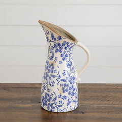 10.5” Floral Tuscan Ceramic Blue Scroll Pitcher Vase
