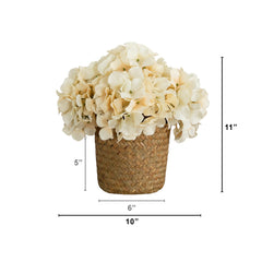 11” Artificial Cream Hydrangea Arrangement in Woven Basket