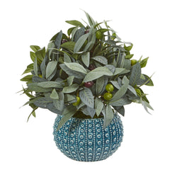 11” Olive Branch Artificial Plant with Berries in Blue Planter
