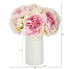11” Peony Bouquet Artificial Arrangement in White Vase