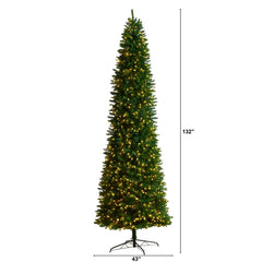 11' Slim Green Mountain Pine Christmas Tree with 950 Clear LED Lights and 2836 Bendable Branches