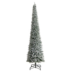 12' Flocked Pencil Artificial Christmas Tree with 1000 Clear Lights and 1819 Bendable Branches