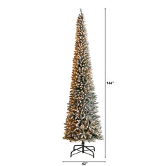 12' Flocked Pencil Artificial Christmas Tree with 1000 Clear Lights and 1819 Bendable Branches