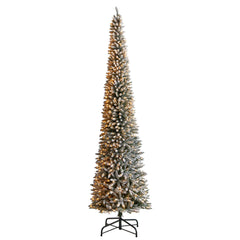 12' Flocked Pencil Artificial Christmas Tree with 1000 Clear Lights and 1819 Bendable Branches