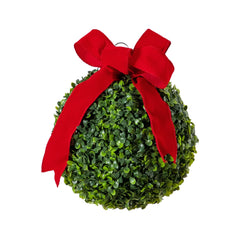 12" Pre-Lit Artificial Christmas Hanging Boxwood Ornament Ball with Red Bow and 40 LED Lights