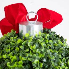 12" Pre-Lit Artificial Christmas Hanging Boxwood Ornament Ball with Red Bow and 40 LED Lights