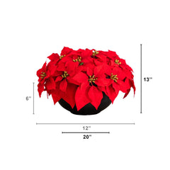 13” Artificial Red Velvet Poinsettia Arrangement in Black Oval Planter