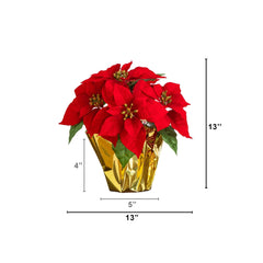 13” Artificial Red Velvet Poinsettia Arrangement in Gold Wrapped Planter - Set of 2
