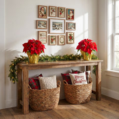 13” Artificial Red Velvet Poinsettia Arrangement in Gold Wrapped Planter - Set of 2