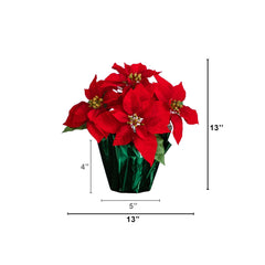 13” Artificial Red Velvet Poinsettia Arrangement in Green Wrapped Planter - Set of 2
