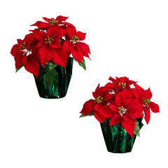 13” Artificial Red Velvet Poinsettia Arrangement in Green Wrapped Planter - Set of 2