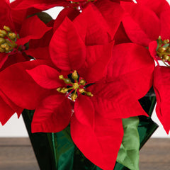 13” Artificial Red Velvet Poinsettia Arrangement in Green Wrapped Planter - Set of 2