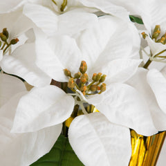 13” Artificial White Velvet Poinsettia Arrangement in Gold Wrapped Planter