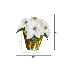 13” Artificial White Velvet Poinsettia Arrangement in Gold Wrapped Planter