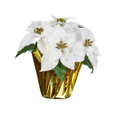 13” Artificial White Velvet Poinsettia Arrangement in Gold Wrapped Planter