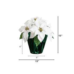 13” Artificial White Velvet Poinsettia Arrangement in Green Wrapped Planter - Set of 2