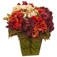 13” Autumn Hydrangea Berry Artificial Arrangement in Green Vase
