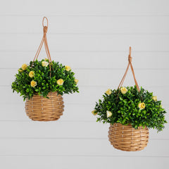 13” UV Resistant Artificial Mini Rose and Aptenia in Woven Hanging Basket (Indoor/Outdoor) - Set of 2