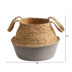 14” Boho Chic Handmade Cotton & Jute Gray Woven Planter