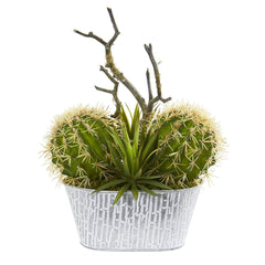 14” Cactus and Agave Succulent Artificial Plant in White Tin Planter