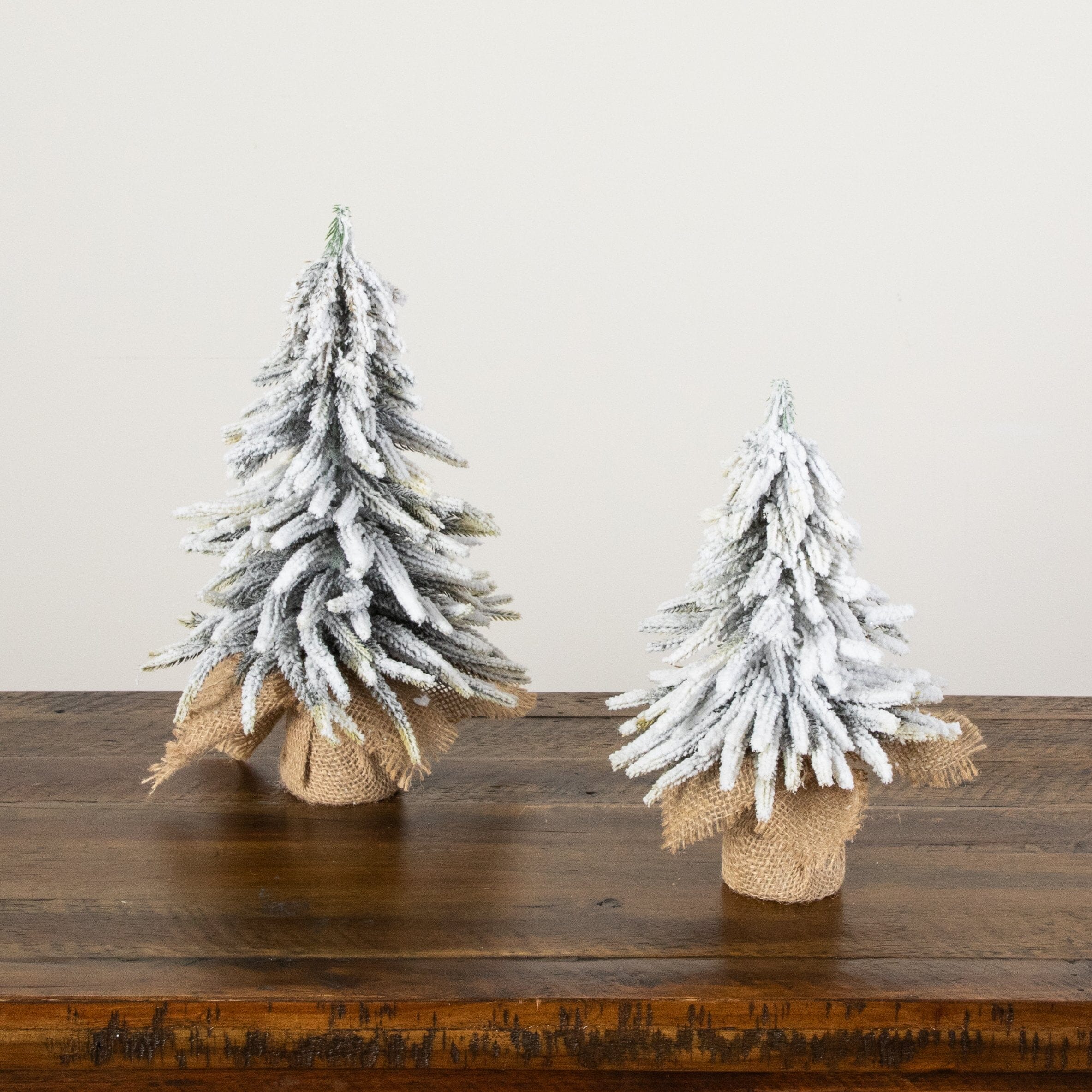 10" and 13” Artificial Mini Flocked Christmas Tree with Burlap Base - Set of 2
