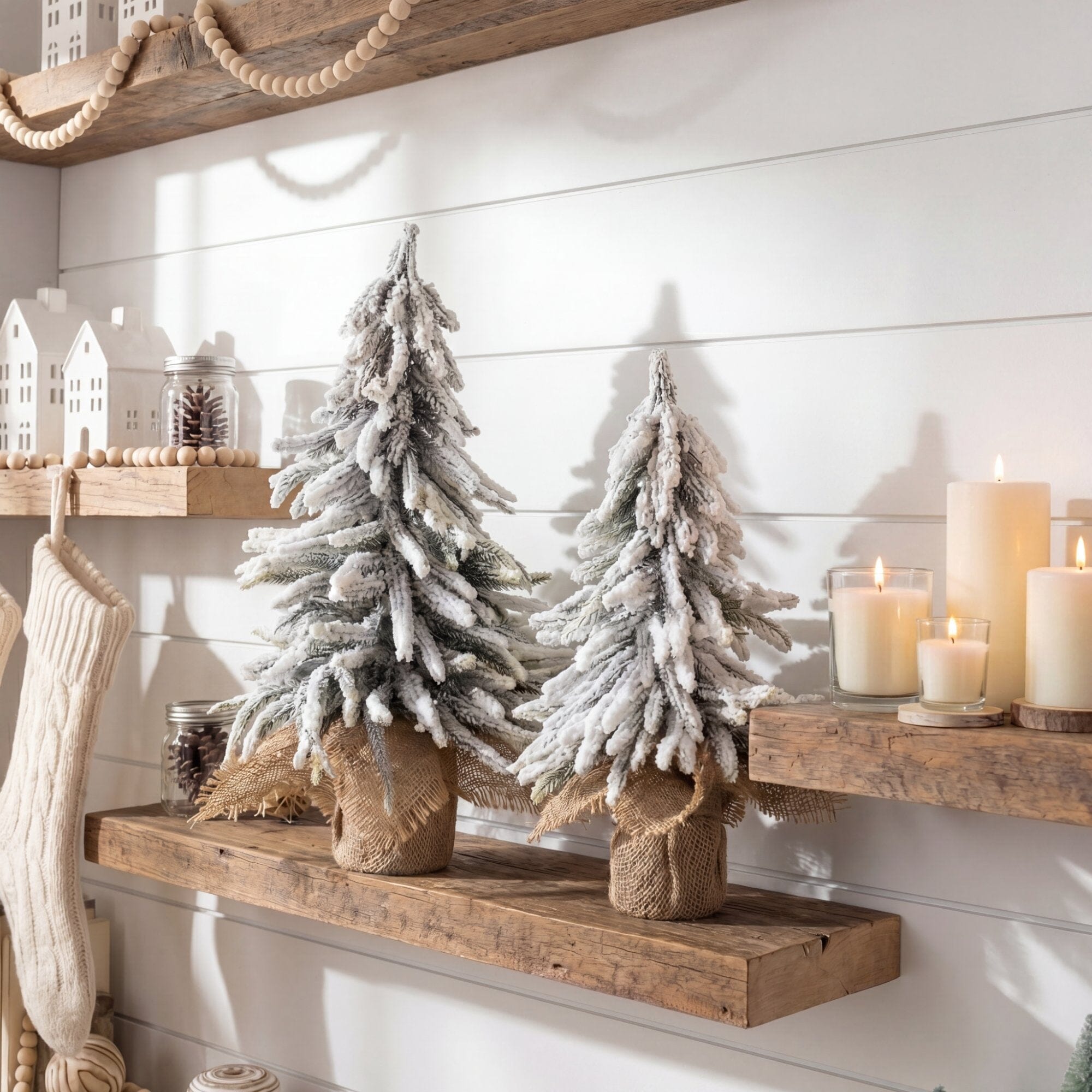 10" and 13” Artificial Mini Flocked Christmas Tree with Burlap Base - Set of 2
