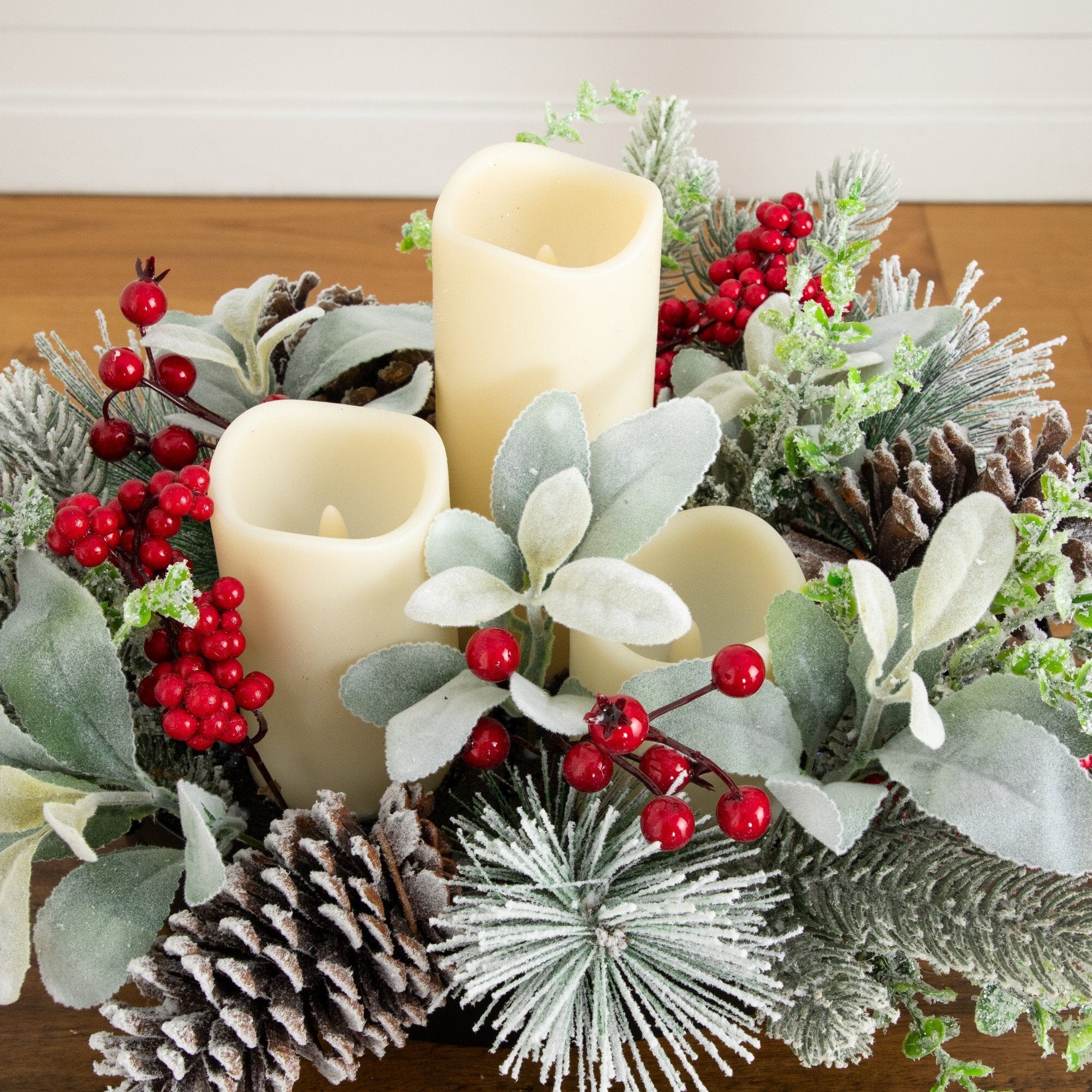 10” Artificial Christmas Flocked Pine & Berry Candle Centerpiece with Pinecones