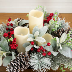 10” Artificial Christmas Flocked Pine & Berry Candle Centerpiece with Pinecones