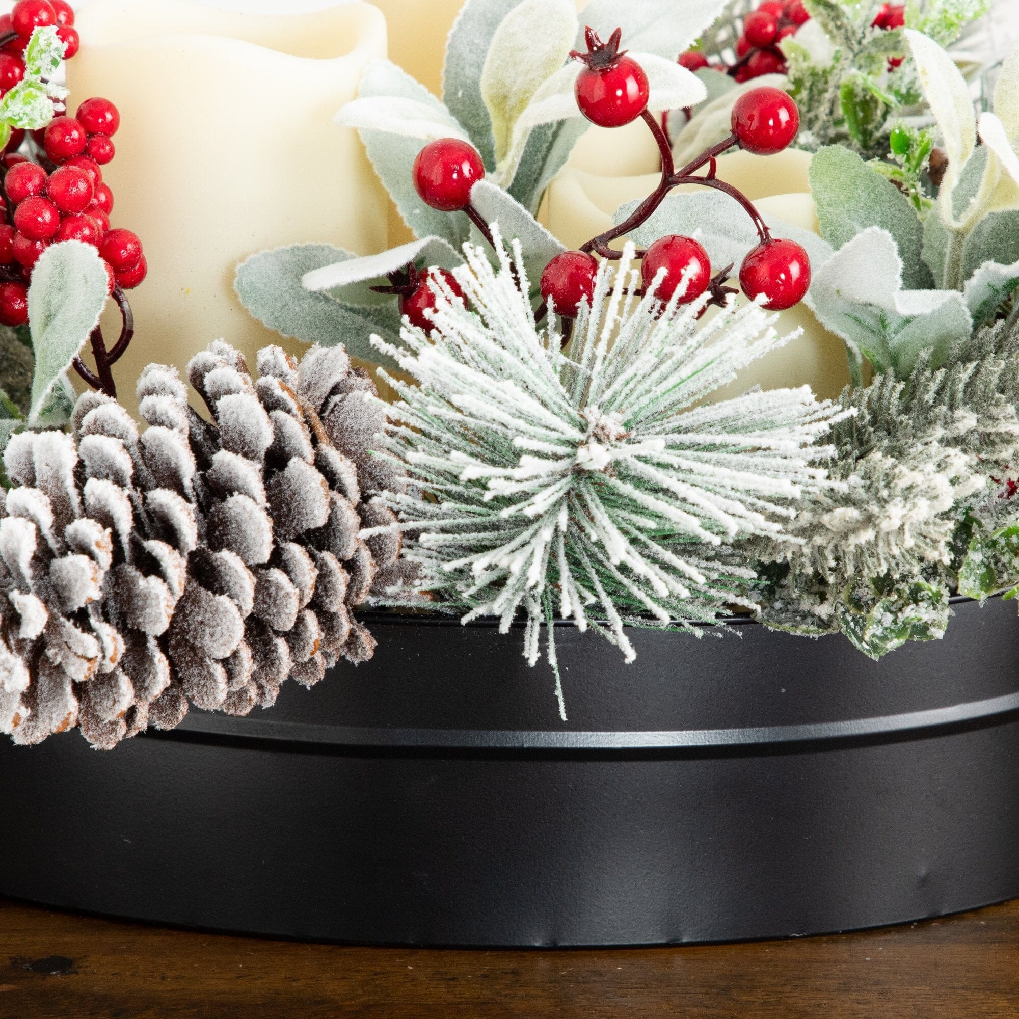 10” Artificial Christmas Flocked Pine & Berry Candle Centerpiece with Pinecones
