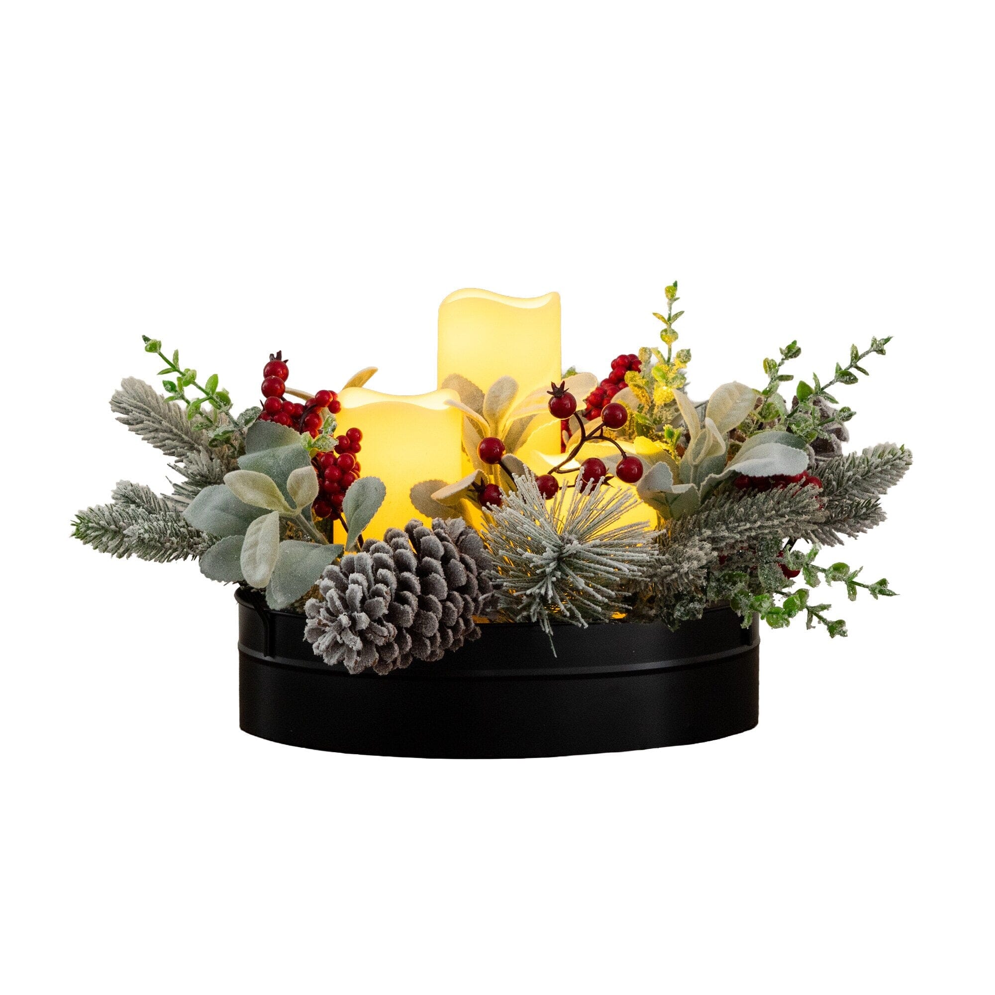 10” Artificial Christmas Flocked Pine & Berry Candle Centerpiece with Pinecones