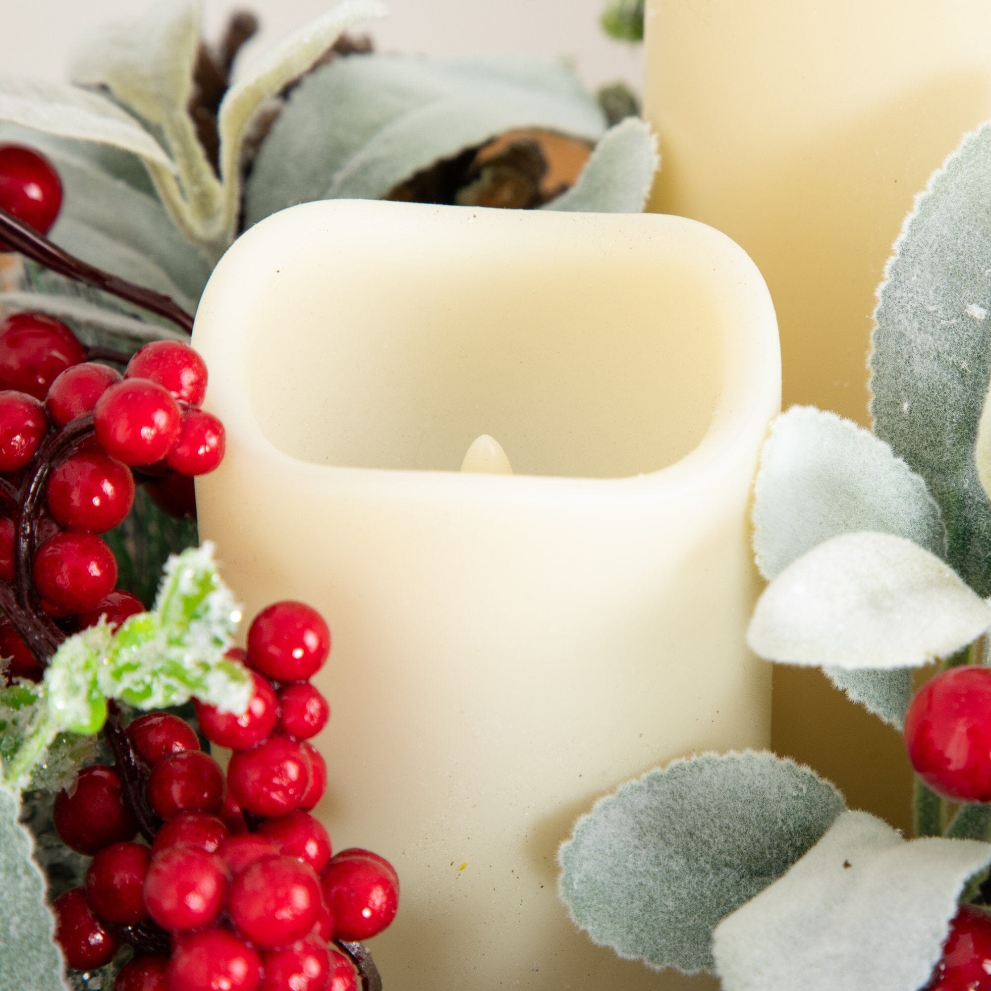 10” Artificial Christmas Flocked Pine & Berry Candle Centerpiece with Pinecones