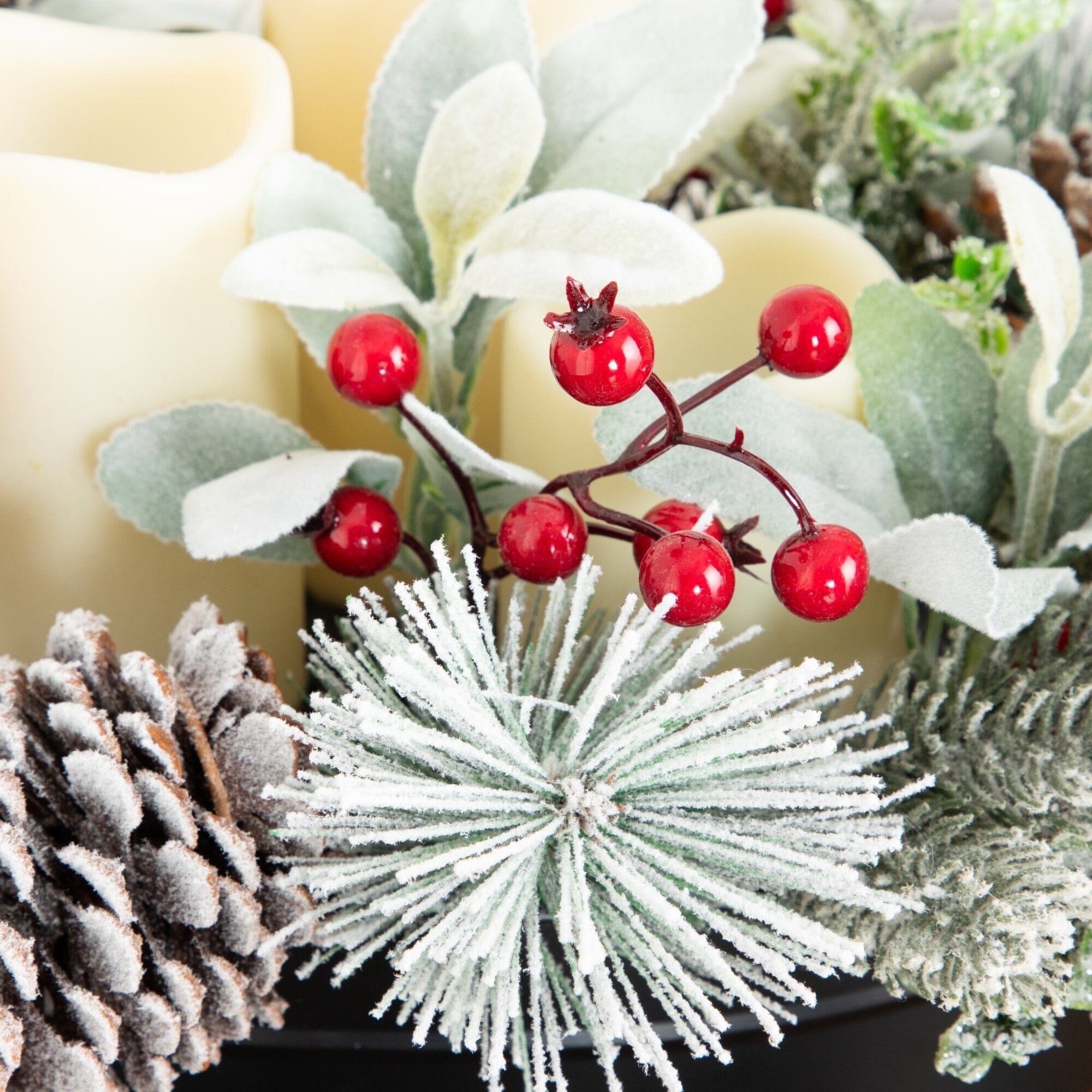 10” Artificial Christmas Flocked Pine & Berry Candle Centerpiece with Pinecones