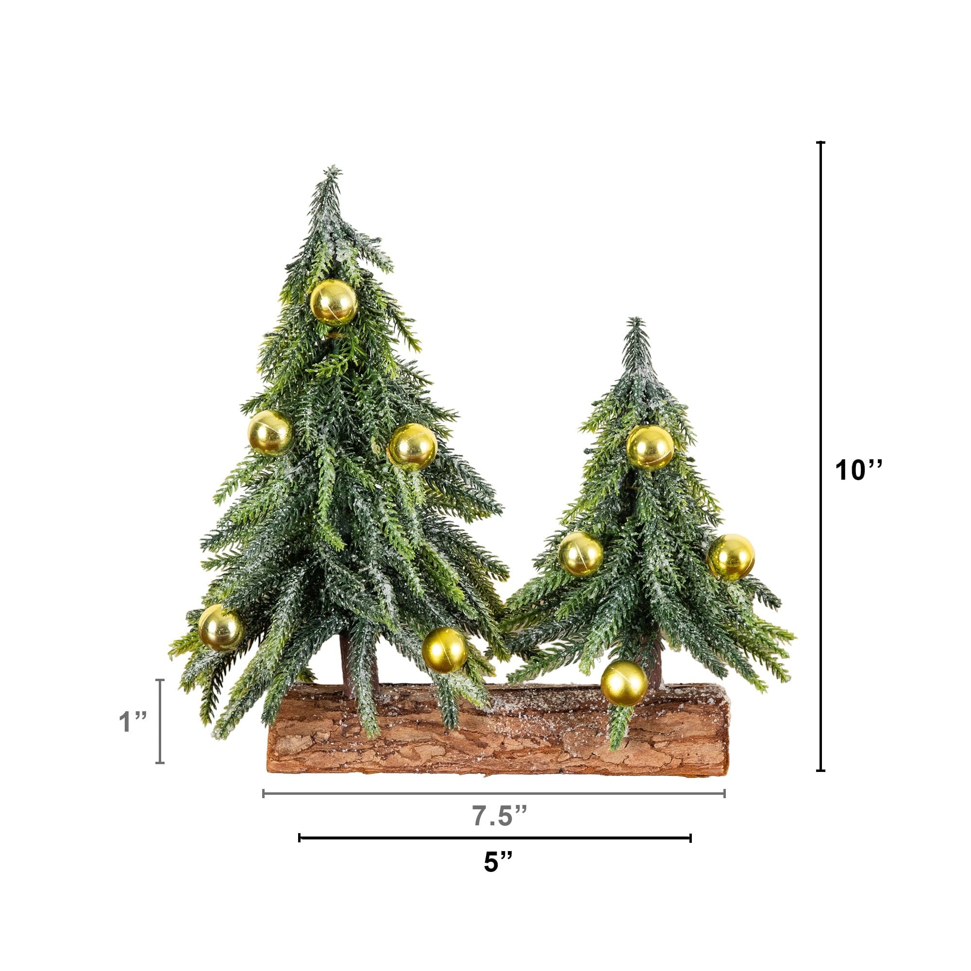 10” Artificial Snowed Downswept Christmas Tree Duo with Ornaments in Rustic Wooden Log Base