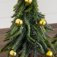 10” Artificial Snowed Downswept Christmas Tree Duo with Ornaments in Rustic Wooden Log Base