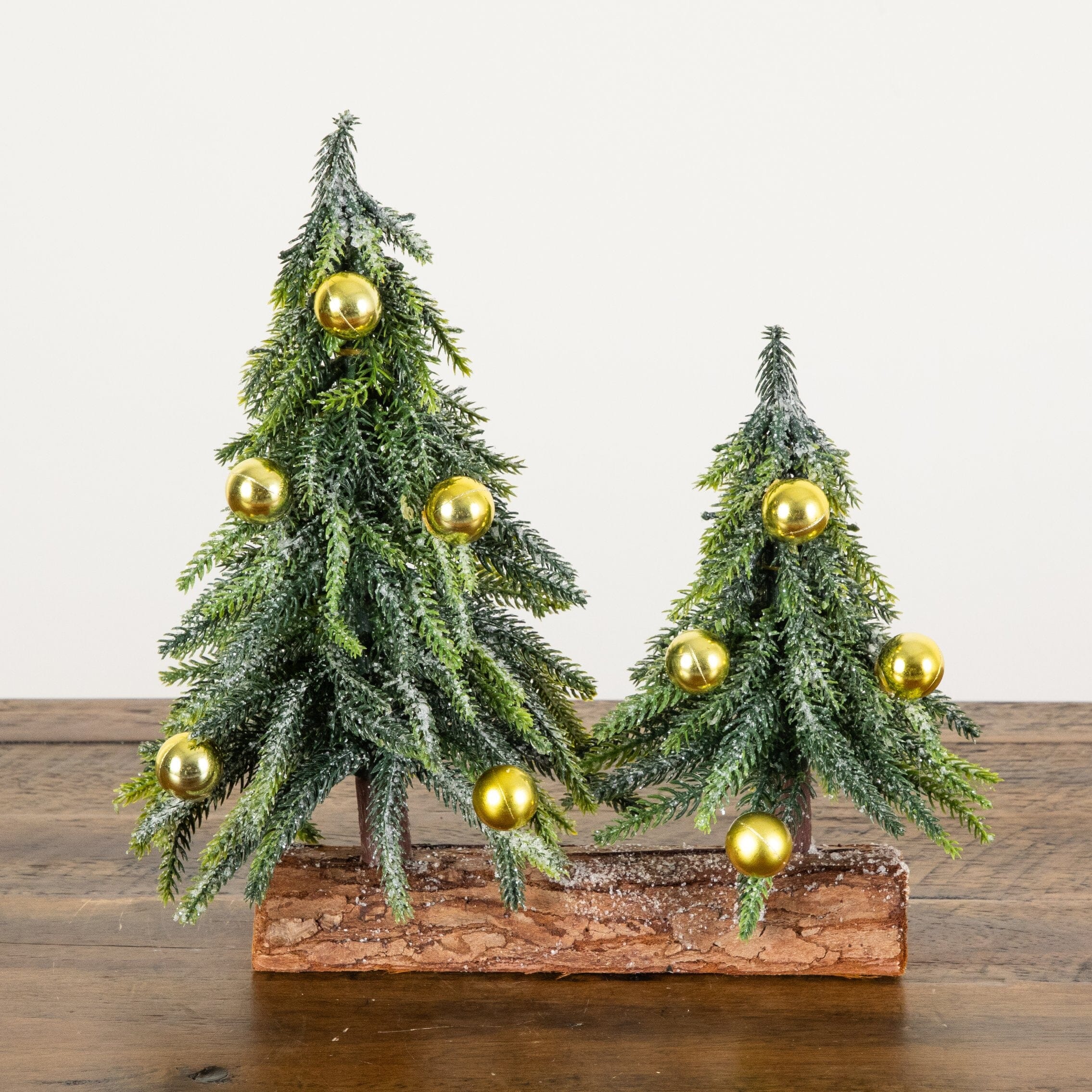 10” Artificial Snowed Downswept Christmas Tree Duo with Ornaments in Rustic Wooden Log Base