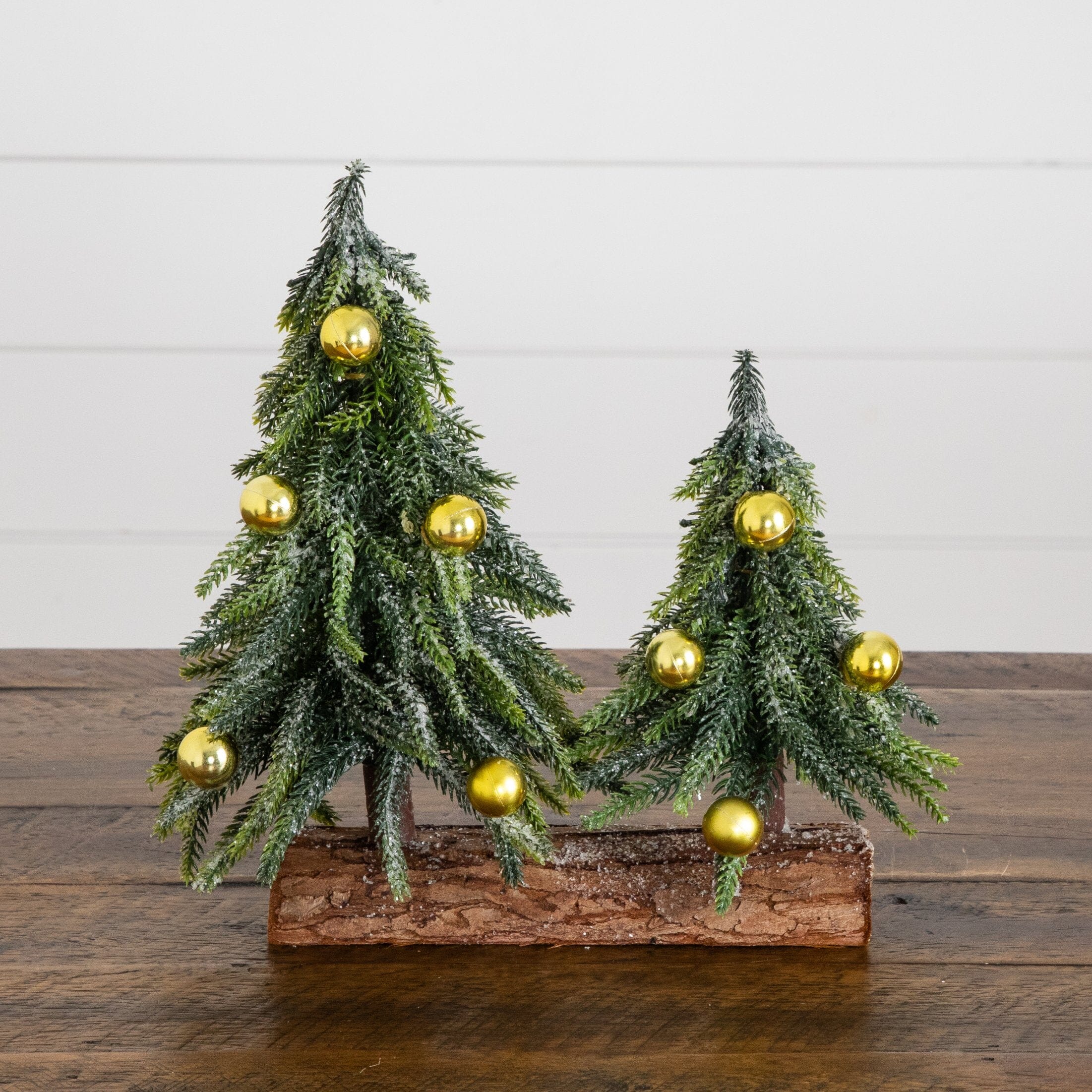 10” Artificial Snowed Downswept Christmas Tree Duo with Ornaments in Rustic Wooden Log Base