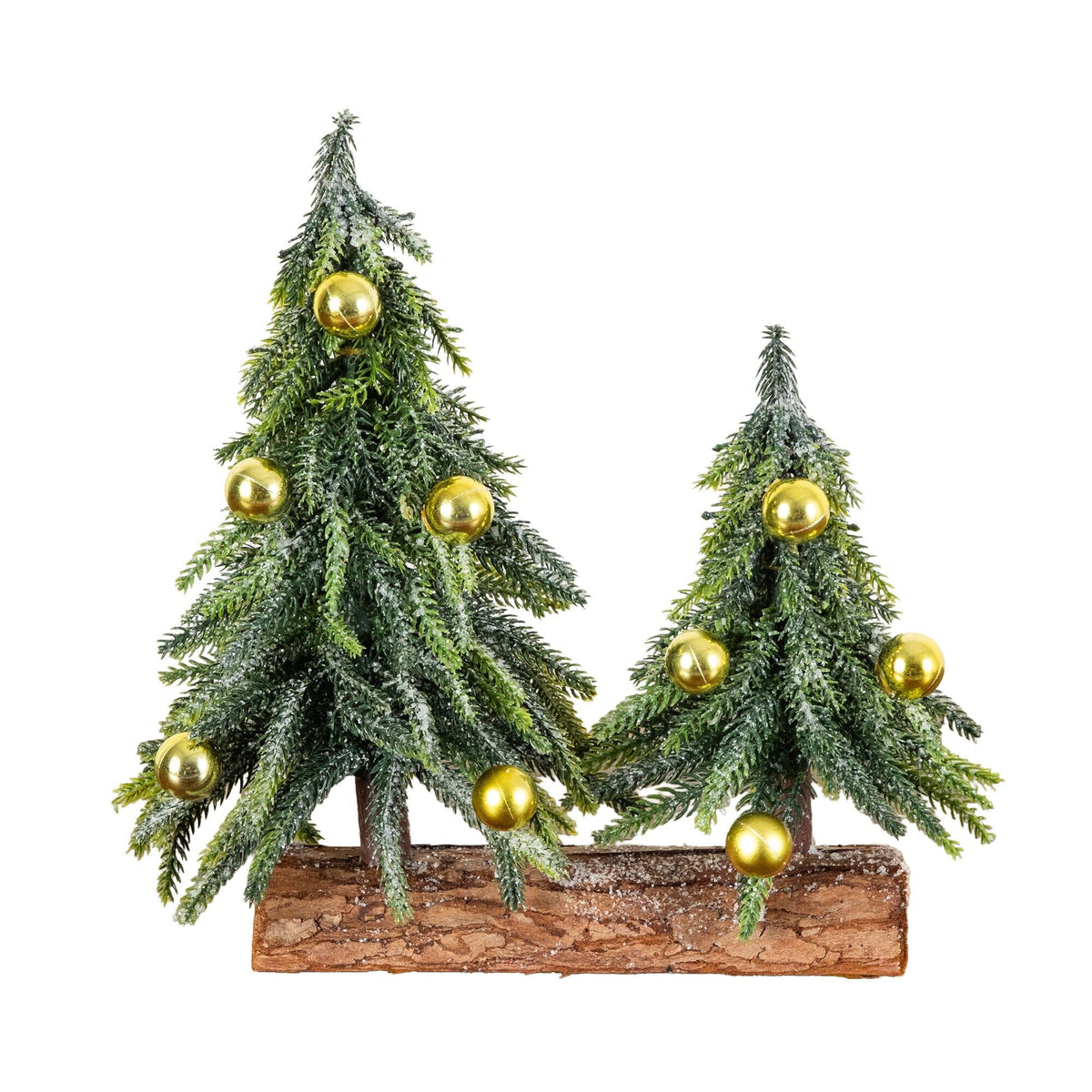 10” Artificial Snowed Downswept Christmas Tree Duo with Ornaments in Rustic Wooden Log Base
