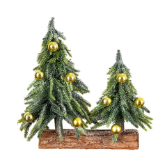 10” Artificial Snowed Downswept Christmas Tree Duo with Ornaments in Rustic Wooden Log Base