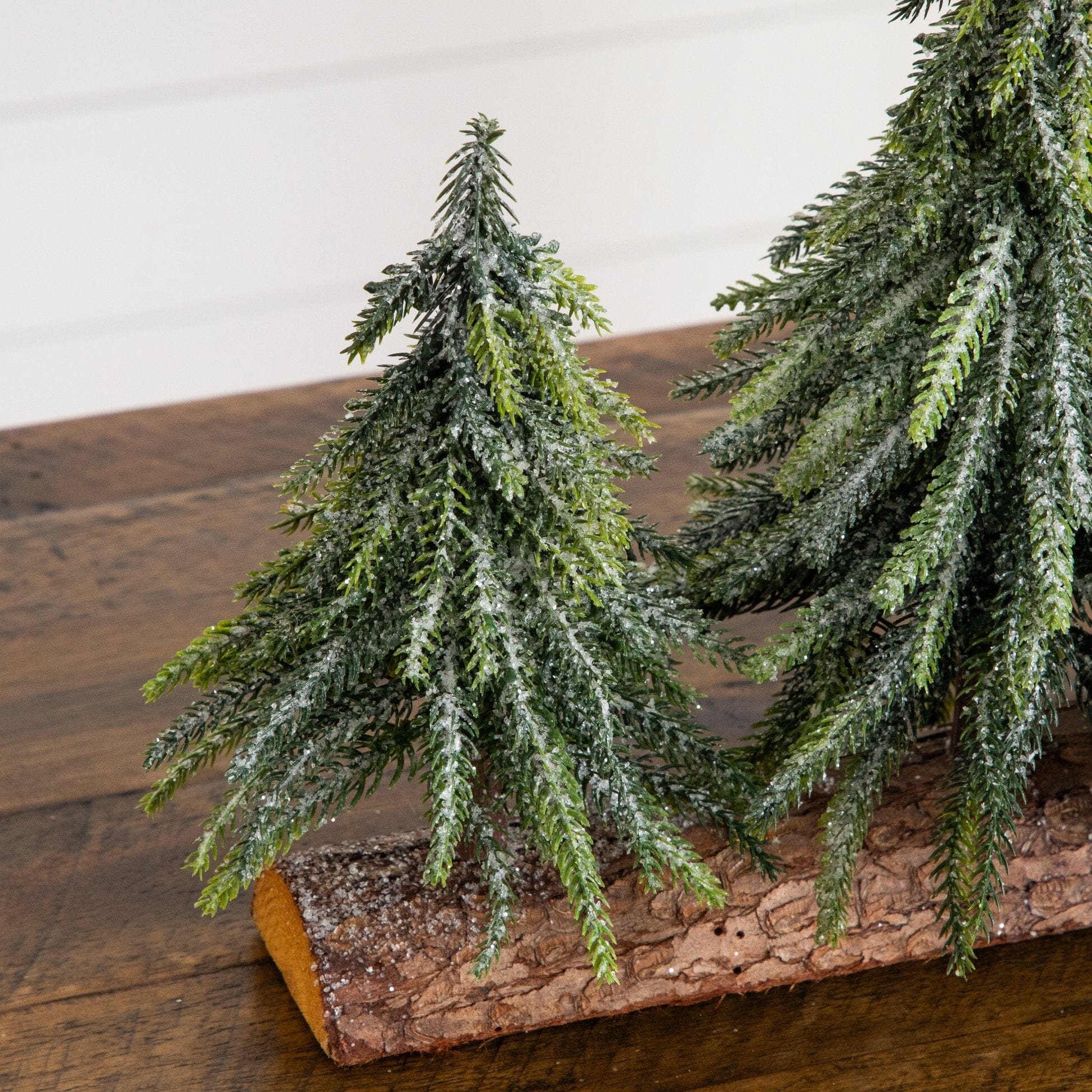 10” Artificial Snowed Downswept Christmas Tree Trio in Rustic Wooden Log Base