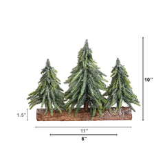 10” Artificial Snowed Downswept Christmas Tree Trio in Rustic Wooden Log Base