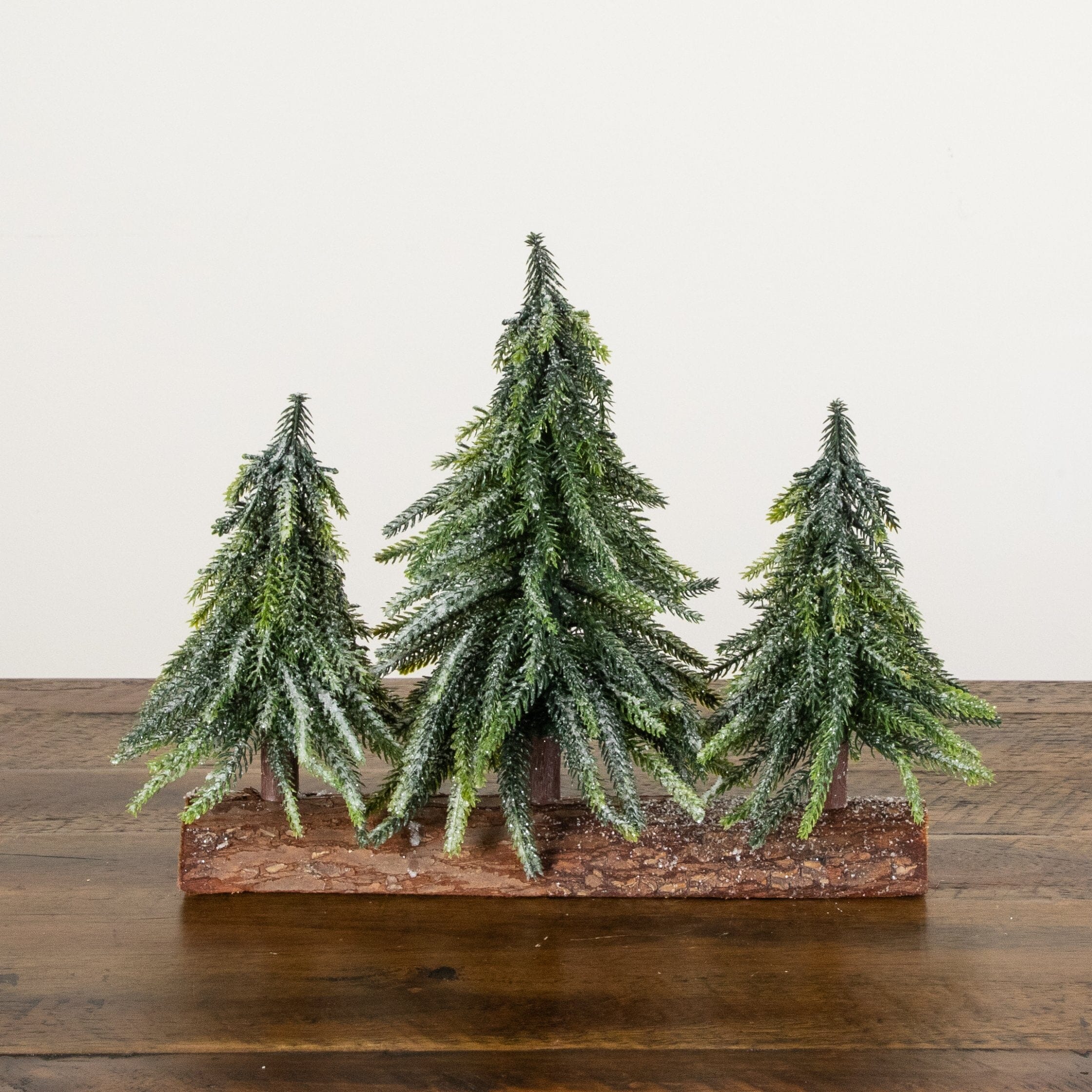 10” Artificial Snowed Downswept Christmas Tree Trio in Rustic Wooden Log Base