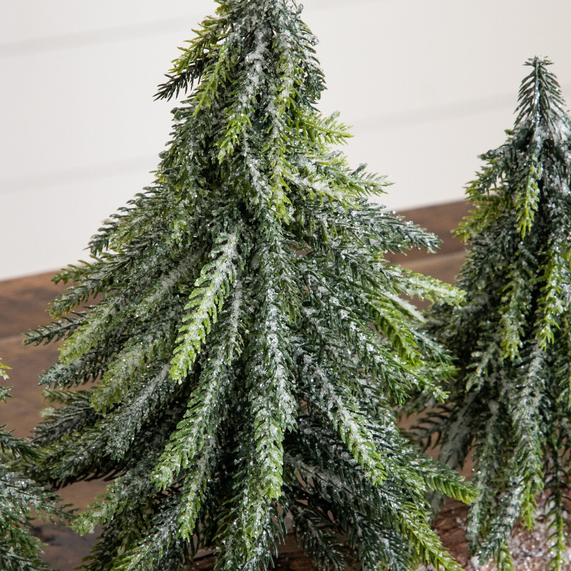 10” Artificial Snowed Downswept Christmas Tree Trio in Rustic Wooden Log Base