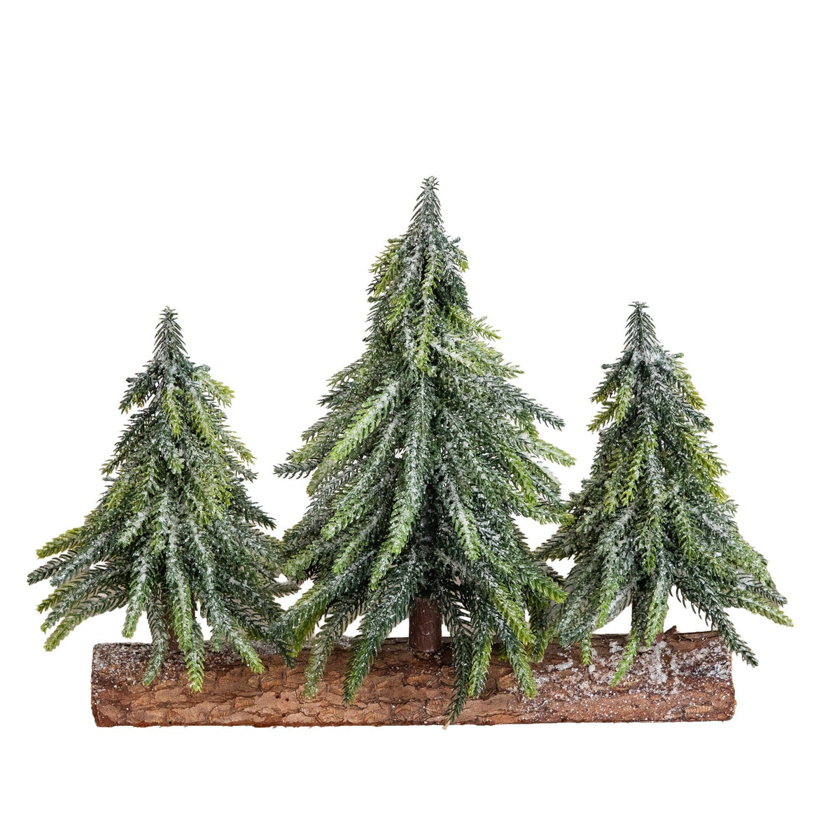 10” Artificial Snowed Downswept Christmas Tree Trio in Rustic Wooden Log Base