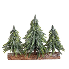 10” Artificial Snowed Downswept Christmas Tree Trio in Rustic Wooden Log Base