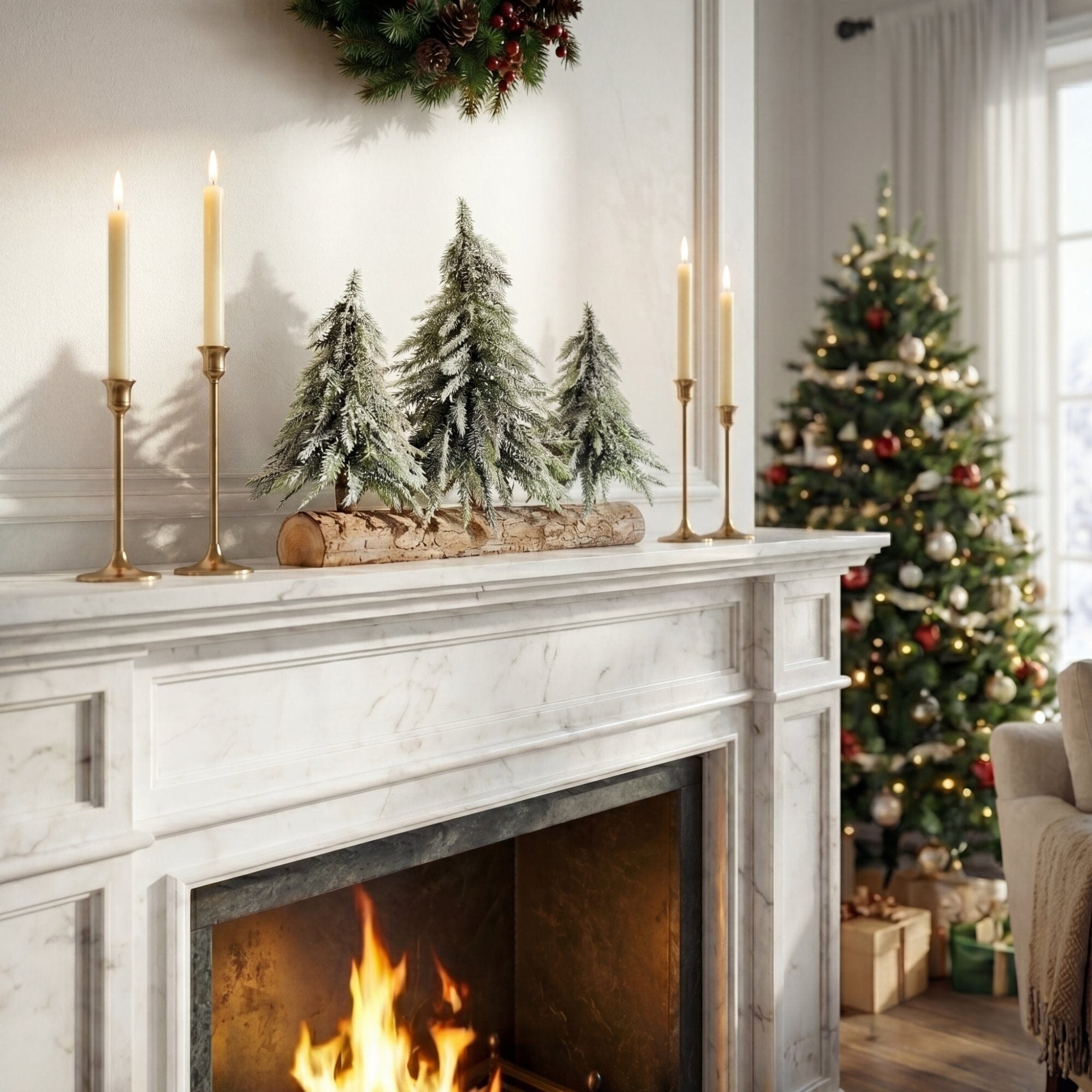 10” Artificial Snowed Downswept Christmas Tree Trio in Rustic Wooden Log Base