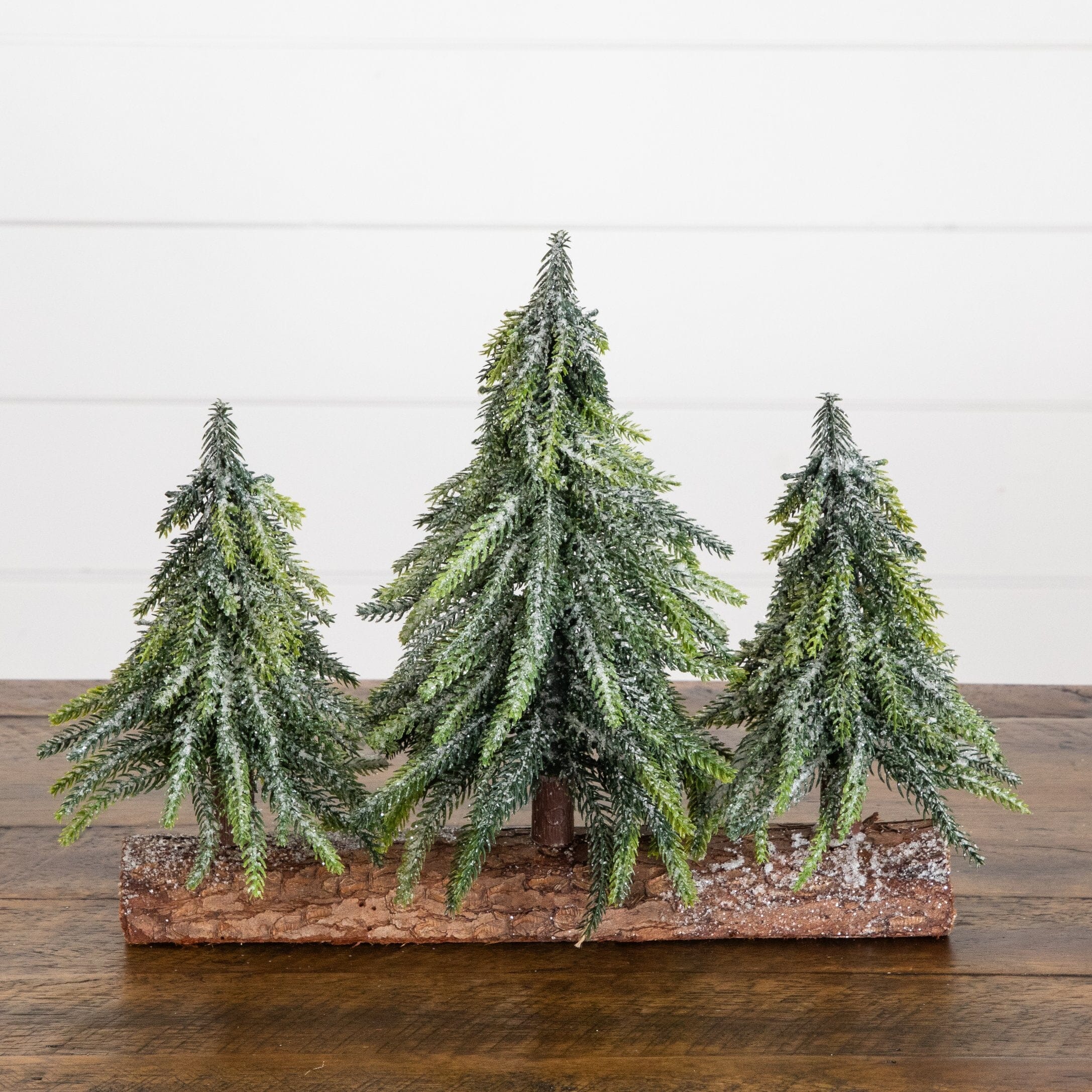 10” Artificial Snowed Downswept Christmas Tree Trio in Rustic Wooden Log Base