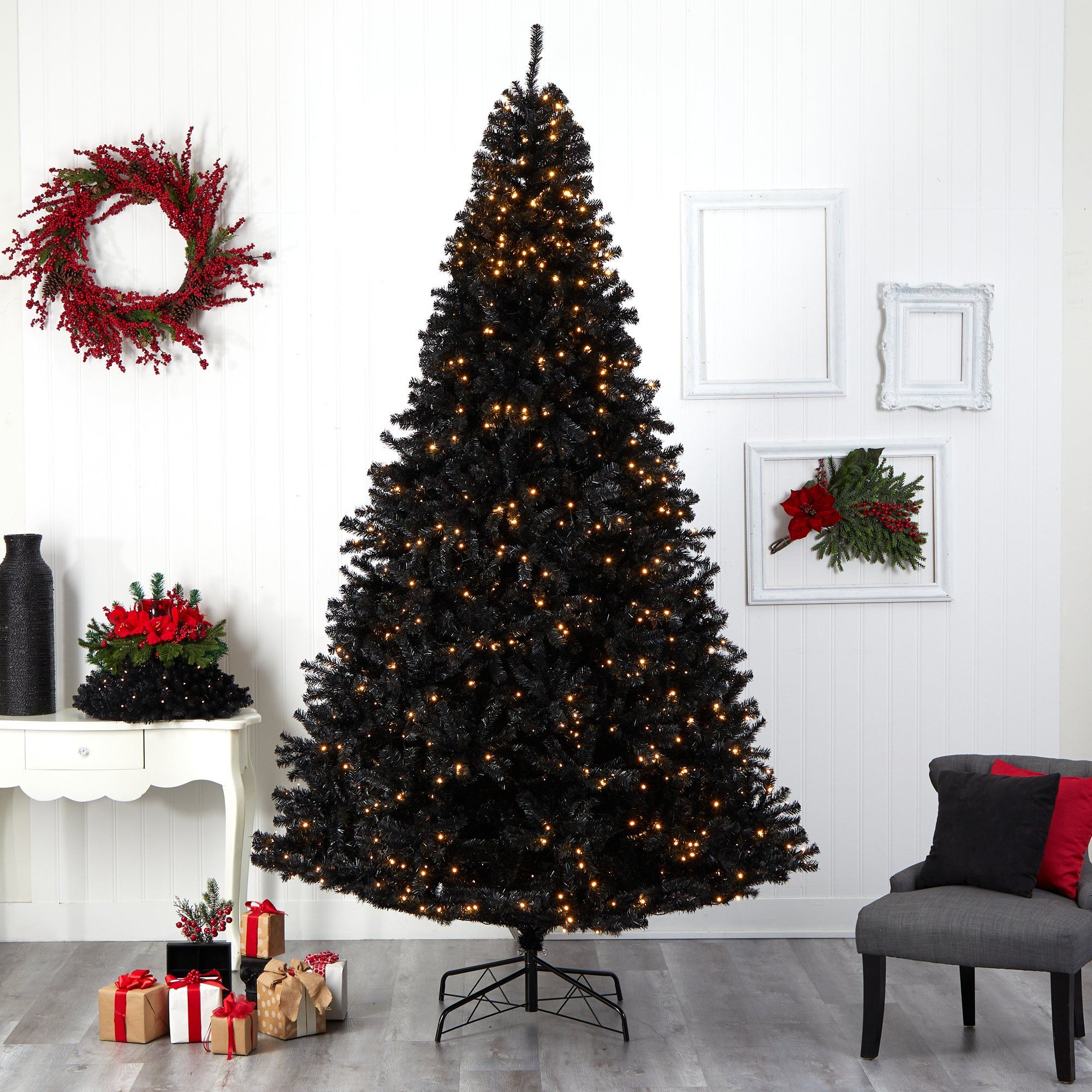 10' Black Artificial Christmas Tree with 950 Clear LED Lights and 3056 Tips