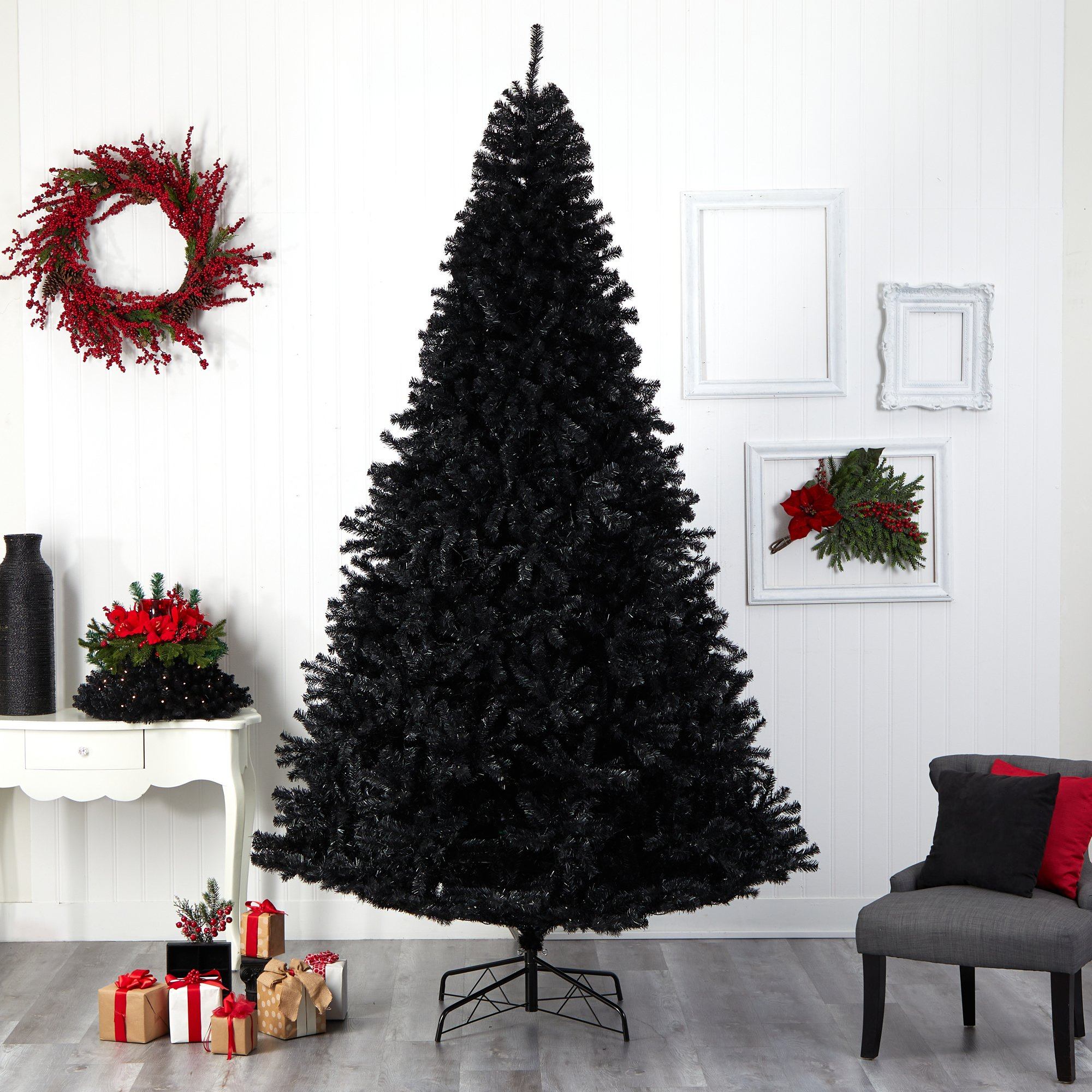 10' Black Artificial Christmas Tree with 950 Clear LED Lights and 3056 Tips